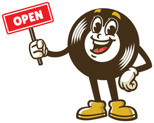 Cartoon character of a vinyl record holding an open sign