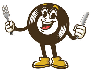 Cartoon character of vinyl record holding fork and knife