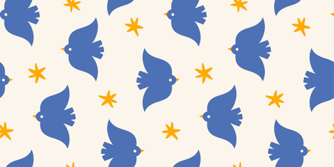 Abstract bird and stars seamless pattern. Simple folk design