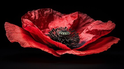 Detailed macro shot of a bright red poppy flower with a dark center highlighting the soft texture of its petals
