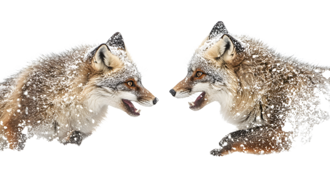 Two foxes facing each other in winter snow