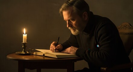 Man Writing in Journal by Candlelight Creates Warm and Contemplative Mood