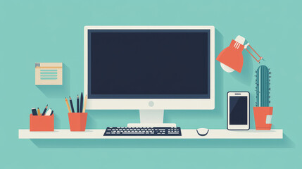 Office flat poster vector illustration. Gadgets and tools for office work. The graphic design forum. Desktop computer with mouse and keyboard, graphic tablet with stylus pen, lamp, cactus.