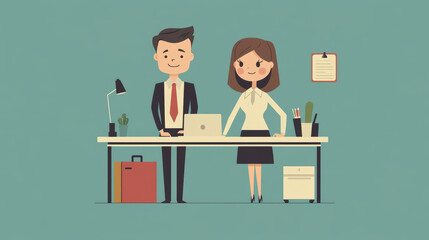 Businessman and businesswoman tiny character, corporation teamwork assistant, creative idea flat vector illustration, isolated on white.