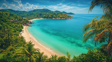 Obraz premium Secluded tropical beach cove with turquoise water, white sand, and lush greenery.