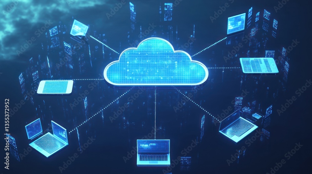Poster digital cloud computing network connecting devices in a futuristic setting