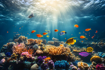 Obraz premium Vivid Underwater Coral Reef Ecosystem: A Symphony of Marine Life and Ecological Harmony