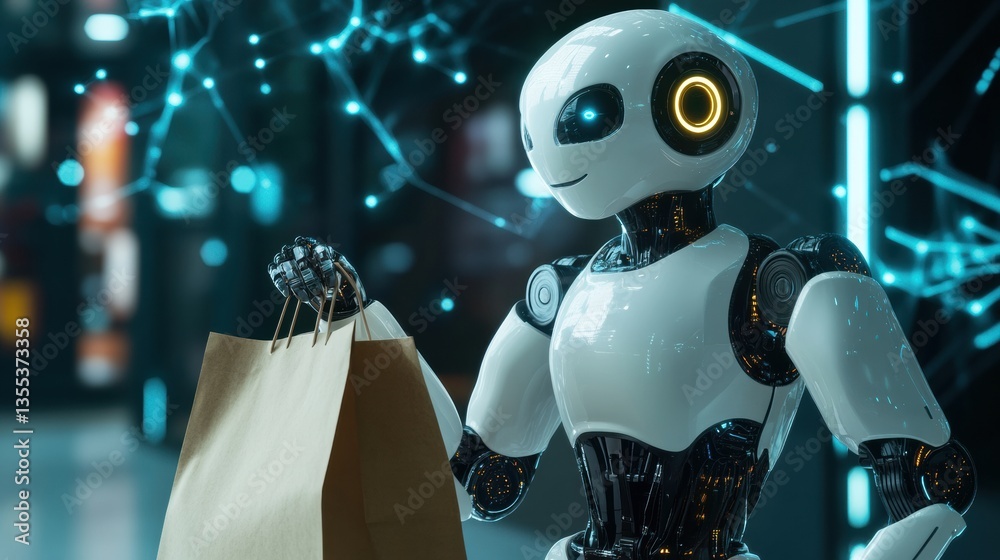 Poster friendly futuristic delivery robot hands over grocery bag in modern cyberpunk environment with smoot