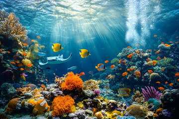 Naklejka premium Vivid Underwater Coral Reef Ecosystem: A Symphony of Marine Life and Ecological Harmony