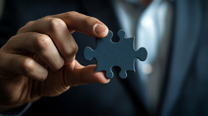 Businessman hand hold business puzzle, teamwork colleague work together problem solution flat vector illustration, isolated on white.