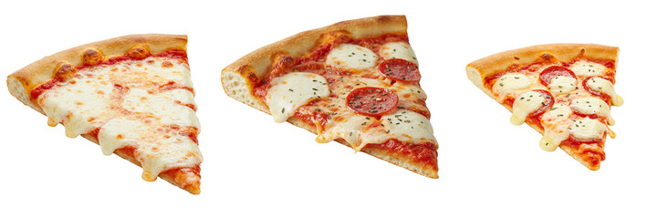 Pieces of pizza of different various types, Banner design transparent background.  