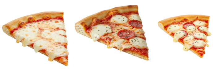 Pieces of pizza of different various types, Banner design transparent background.  