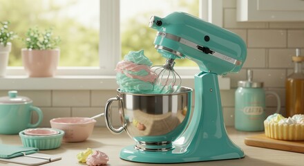 Mixing Colorful Batter with Electric Mixer in a Bright Kitchen Setting