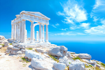 Fototapeta premium Ancient Greek temple overlooking Aegean sea under blue sky