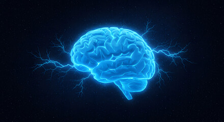 Human brain digital illustration. Electrical activity, flashes and lightning on a blue background. Digital Illustration of the Human Brain. Electrical Activity, Flashes, and Lightning on a Blue Backgr