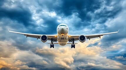 Obraz premium A commercial airplane flying through cloudy skies towards camera