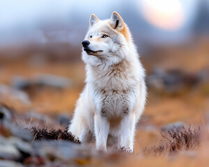 Naklejka premium Arctic wolf sitting, gazing sunset, tundra landscape, wildlife photography
