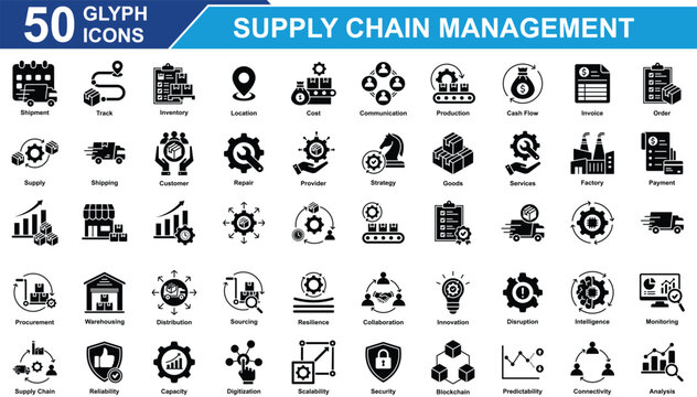 Supply Chain Management Icon Set Collection. Containing Shipment, Track, Inventory, Distribution, Cost, Communication, Production, Cash Flow, Supply, Logistics,  . Simple GlyphVector Illustration.