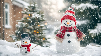 Fototapeta premium Winter sale banner vector illustration. Nature landscape with Christmas tree, snowman, sock, mittens, cup of hot drink hat, scarf, earmuffs. Happy New Year. Snowy weather.