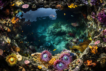 Fototapeta premium Nature's Aquarium: A Microcosm of Life in a Sunlit Coastal Rockpool