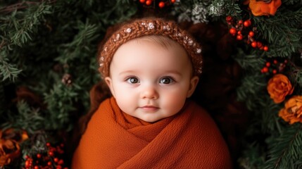 Baby girl nestled in a festive wreath
