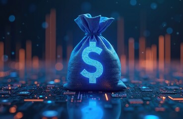 Digital blue money bag with dollar icon. Binary code represents AI financial transactions, fraud detection, investment portfolio management, personalized financial planning services on circuit board.