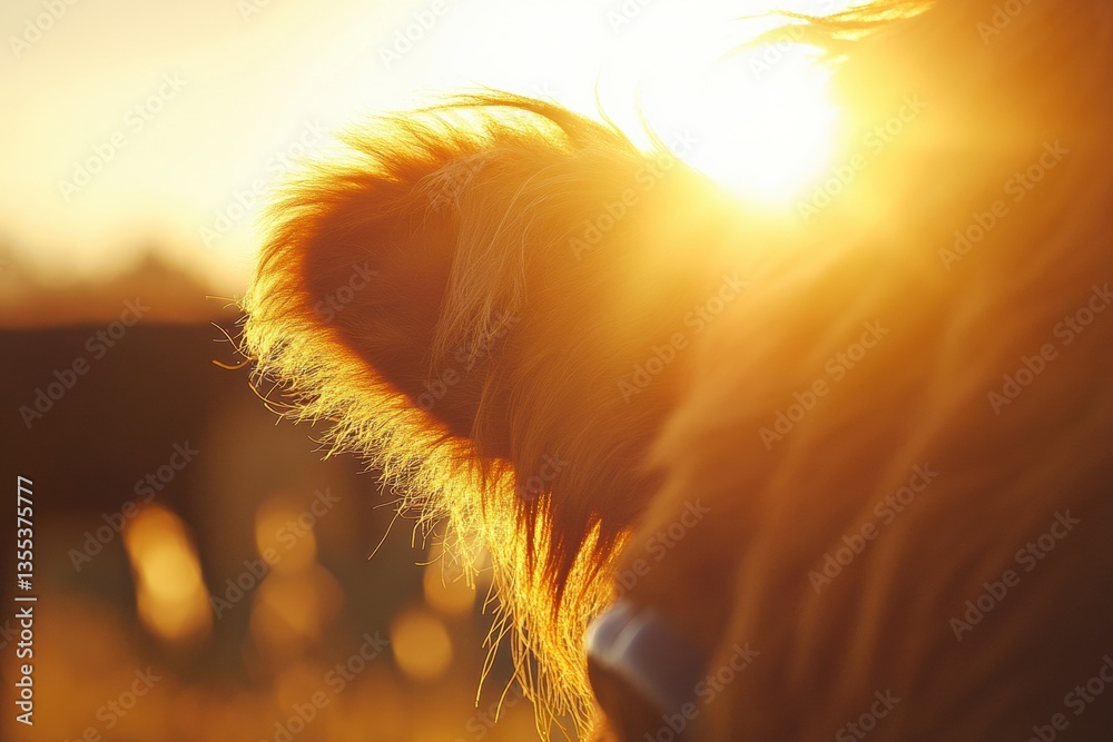 Poster close-up of a cows face with warm sunlight highlighting soft fur textures and a serene rural backgro