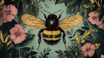 A vintage-style illustration of a bee surrounded by botanical elements