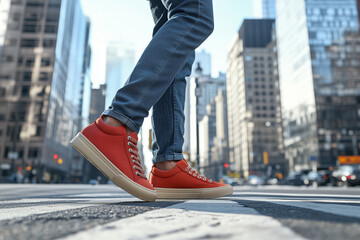Close-up of human feet in sneakers walking along a large urban intersection. Comfortable men's or women's shoes for walking around the city.