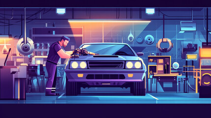 Car garage service repair station banner mechanic vehicle auto on hand concept vector illustration. Transportation technician mechanical inspection engine shop.