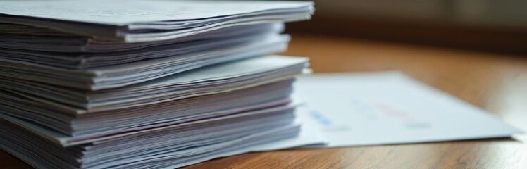 Pile tax forms, documents stacked on wooden table. Income tax return paperwork, filing, financial audit, personal finance. IRS tax deadline form. Financial documents stack on desk. Business, finance.