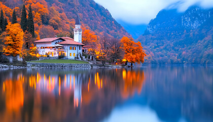 Fototapeta premium Autumnal lakeside villa, mountain backdrop, calm waters, twilight reflection