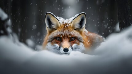 Obraz premium Fox in Winter Wonderland: A captivating portrait of a red fox emerges from a snow-covered landscape, its piercing eyes and striking fur contrasting with the cool tones of the winter scene.