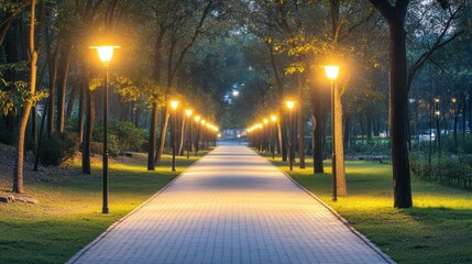 Illuminated Pathway: A Serene Evening Stroll Through a Tranquil Park