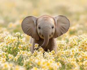 Adorable baby elephant amidst vibrant yellow flowers