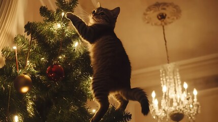 A curious cat reaching up toward the decorated christmas tree
