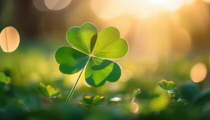 A single vibrant four-leaf clover stands in focus with morning sunlight casting a golden glow across a fresh spring meadow