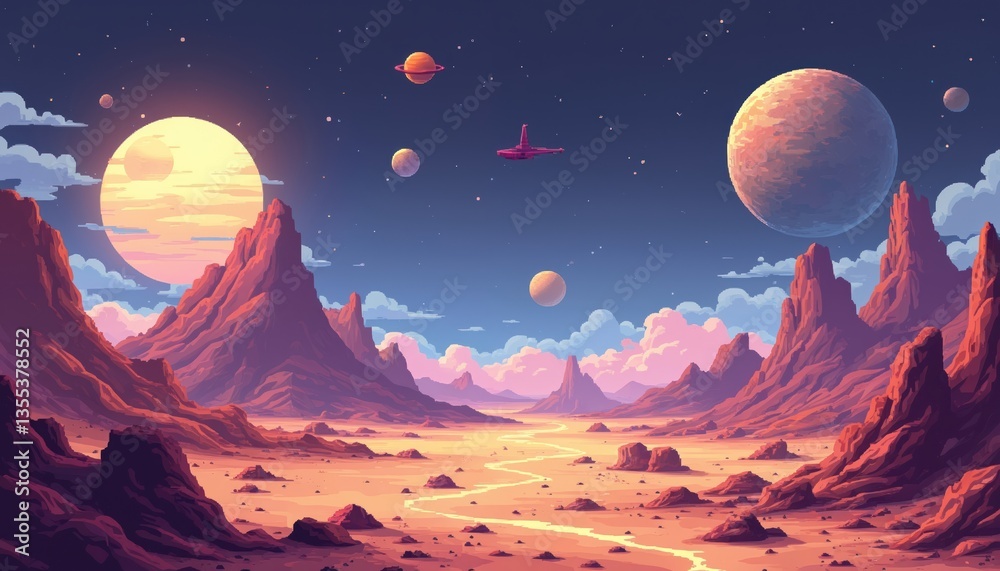 Poster pixel art alien planet landscape with cosmic view, vibrant colors. digital illustration fantasy scen