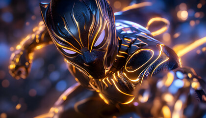 Black Panther-like hero charging, dark energy background, superhero action, movie poster