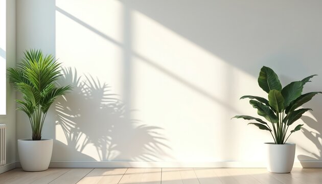 Bright white wall background with sunlight shadow from window, two plants in pots. Empty room for online meeting, workspace, home, office interior design with minimalist decor, green plants. Clean