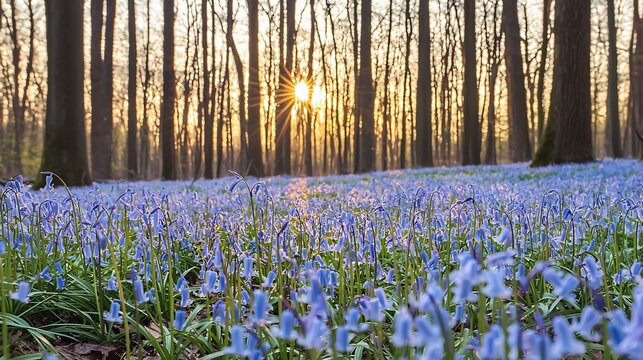 Field of delicate bluebells carpeting the forest floor with sunlight filtering through the tall trees - Powered by Adobe