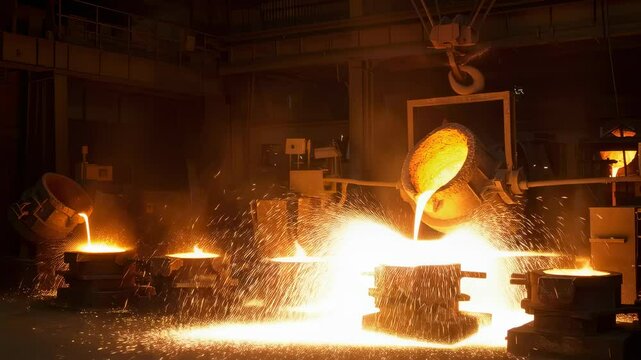 Molten metal pouring in foundry. Hot liquid steel casting process. Industrial metalworking, smelting iron ore. Manufacturing heavy machinery parts