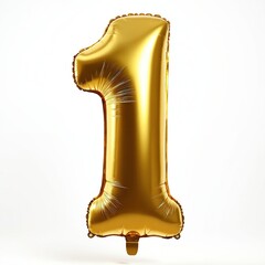 Shiny gold foil number one balloon floating in neutral space. Celebration, anniversary, birthday, milestone concept. Symbol of achievement, victory, success. Perfect for event, party decoration.