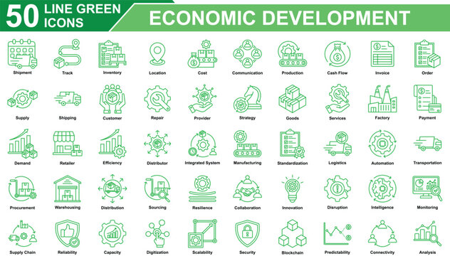 Supply Chain Management Icon Set Collection. Containing Shipment, Track, Inventory, Distribution, Cost, Communication, Production, Cash Flow, Supply, Logistics. Simple Line Green Vector Illustration.