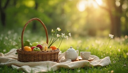 A close-up shot of a picnic basket filled with fruit, a teapot, and a teacup, set on a blanket in a grassy field. The sun is shining and the overall tone of the image is peaceful and romantic, conveyi