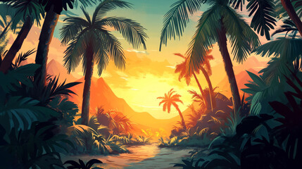 Tropical rainforest palm landscape, wild woodland sunset and sunrise, nature scenery area cartoon vector illustration. Hidden outdoor hike road.