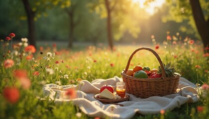 A close-up shot of a picnic basket filled with fruit, a teapot, and a teacup, set on a blanket in a grassy field. The sun is shining and the overall tone of the image is peaceful and romantic, conveyi
