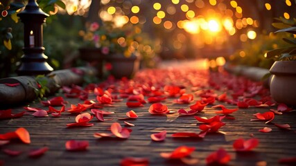 Red rose petals scattered on a cobblestone path, soft evening light. Romantic gesture concept. Design for wedding planners, romantic events, Valentine's Day promotions.