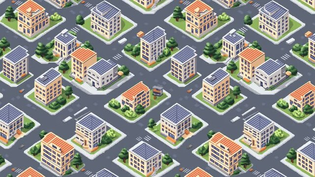 Seamless looping isometric video pattern of city streets and small modern buildings.