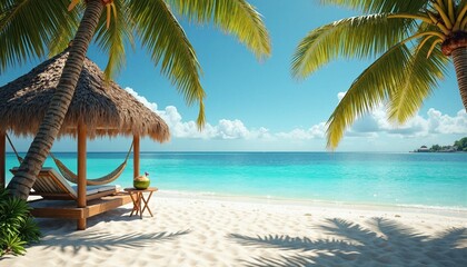 A tropical beach scene with white sand, turquoise water, and palm trees. A hammock hangs between two palm trees, and a thatched-roof cabana sits on the sand. The overall tone of the image is peaceful 